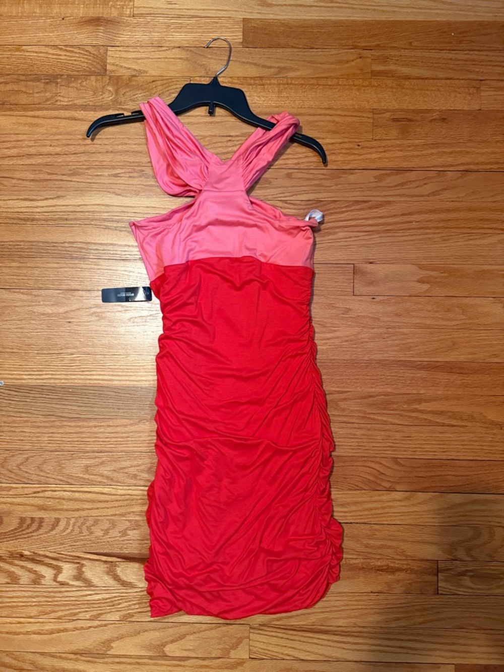 Bisou Bisou Two-Tone Pink and Red halter Shoulder Ruched Dress